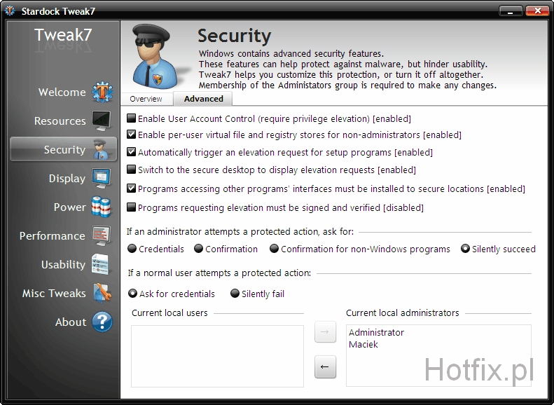Stardock Tweak7 - Security - Advanced