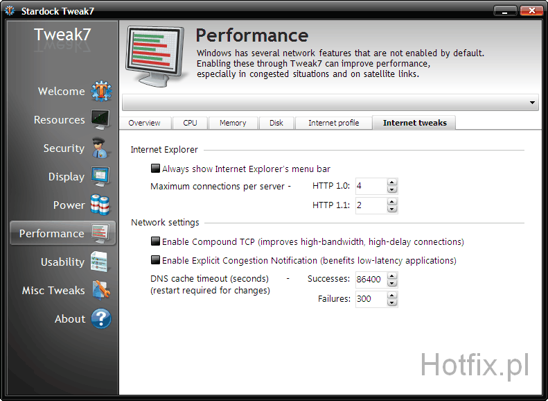 Stardock Tweak7 - Performance - Internet tweaks