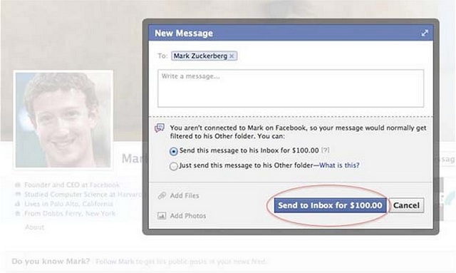 Facebook pobiera opat za wiadomo do Marka Zuckerberga