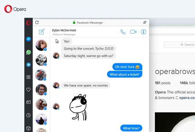 Przegldarka Opera posiada wbudowane aplikacje Facebook Messenger, WhatsApp i Telegram