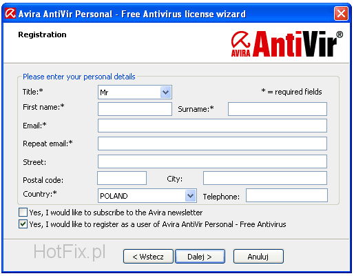 Avira - okno rejestracji