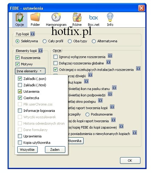 Backup profilu Firefox: FEBE ustawienia