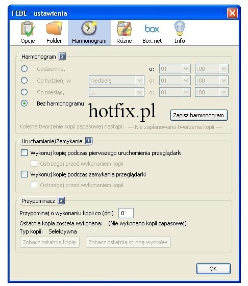 Backup profilu Firefox: FEBE ustawienia harmonogramu
