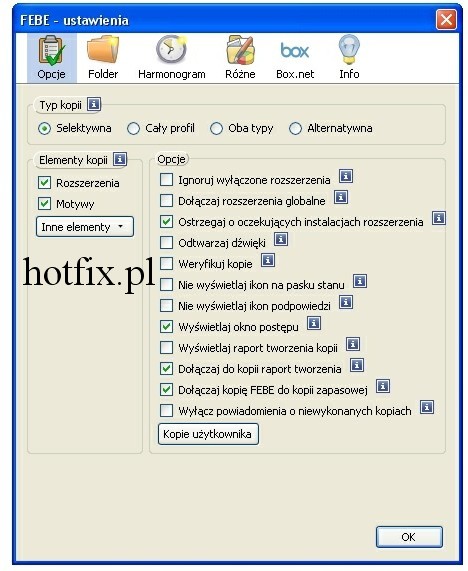 Backup profilu Firefox: FEBE ustawienia gwne