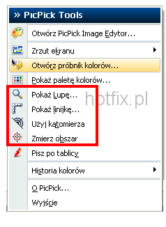 Menu PicPick - narzdzia pomiarowe oraz lupa