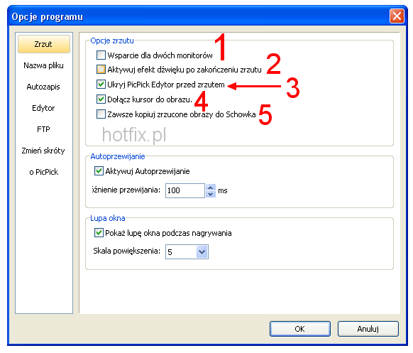 Opcje programu PicPick- opcje zrzutu