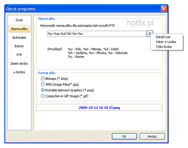 Opcje programu PicPick - nazwa pliku