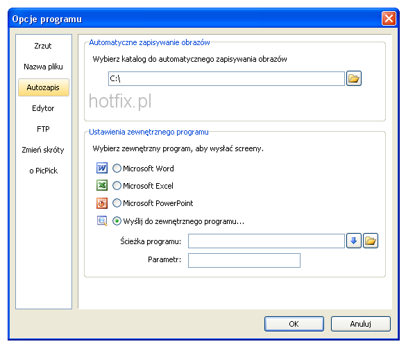 Opcje programu PicPick - autozapis