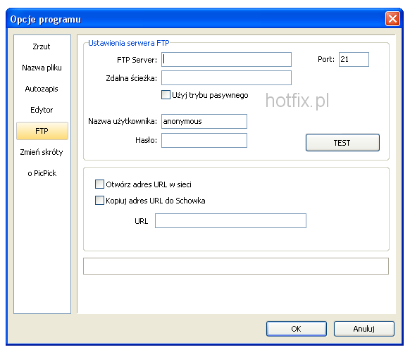 Opcje programu PicPick - ustawienia serwera FTP