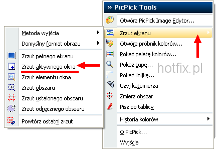Menu PicPick - zrzut aktywnego okna