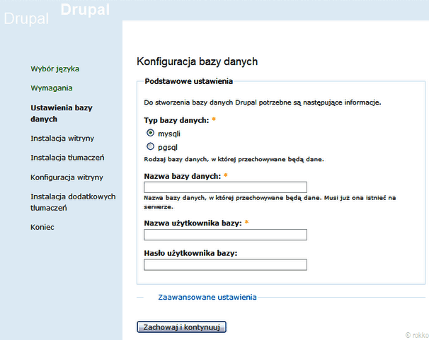 Instalacja Drupala - konfiguracja bazy danych