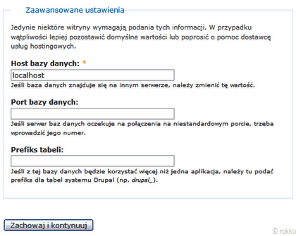 Ustawienia bazy danych - opcje zaawansowane
