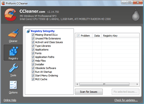 Zakadka Registry - CCleaner