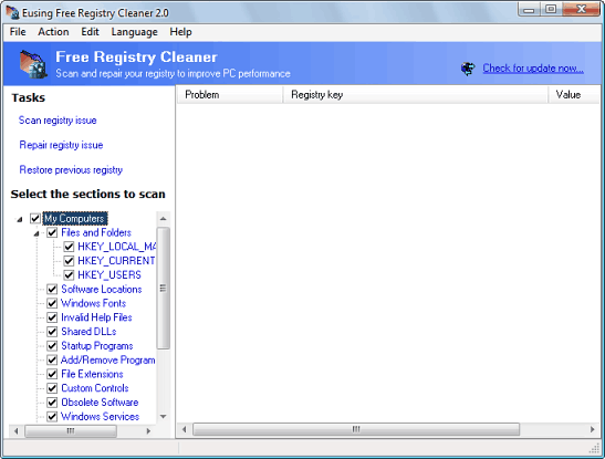 Okno gwne - Eusing Free Registry Cleaner