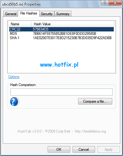 Aplikacja Hashtab, zakadka File Hashes