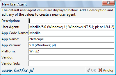 Tworzenie nowego wpisu User Agent