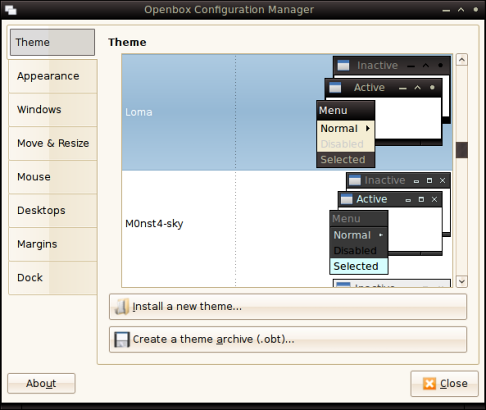 LXDE i okno konfiguracji Openbox