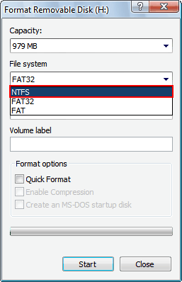 Okno formatowania w NTFS