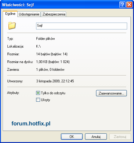 Okno Waciwoci folderu - zakadka Oglne