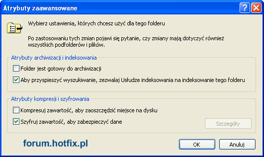 Szyfrowanie folderu - okno Atrybuty zaawansowane