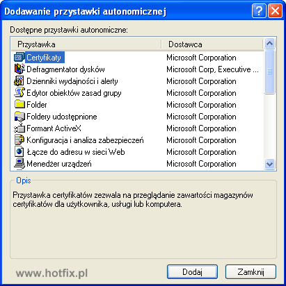Dodawanie przystawki autonomicznej - Certyfikaty