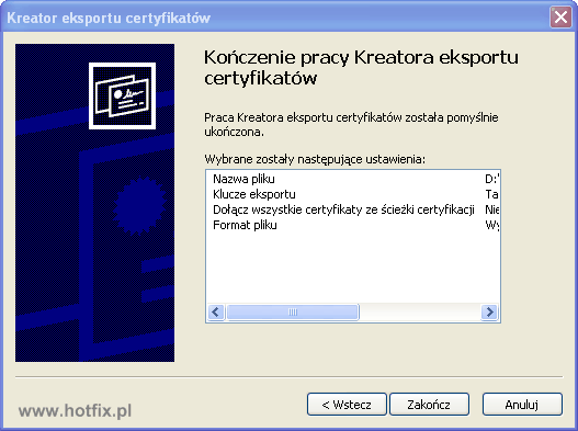 Koczenie pracy kreatora eksportu certyfikatw