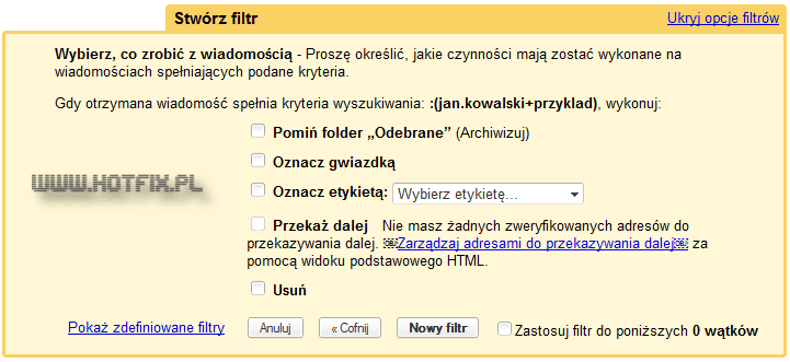 Filtr wiadomoci - okno czynnoci