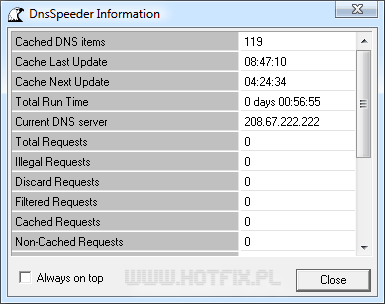 Okno statystyk DnsSpeeder